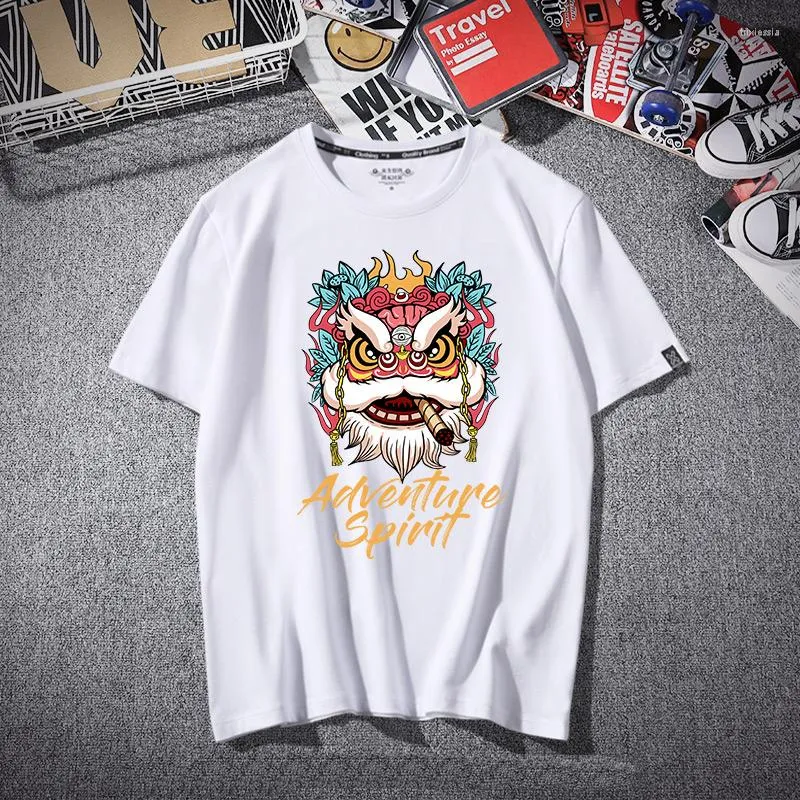 Heren t shirts zomer leeuw dans handgeschilderde all-match paren t-shirt Chinese stijl nieuwigheid grappige streetwear hiphop korte katoen mannen 2023