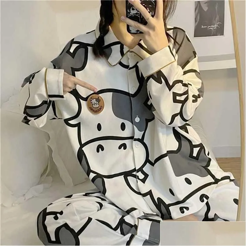 qweek cow print pajamas two piece set autumn pijamas women cotton cute home clothes pyjamas sleepwear japanese style kawaii 211211