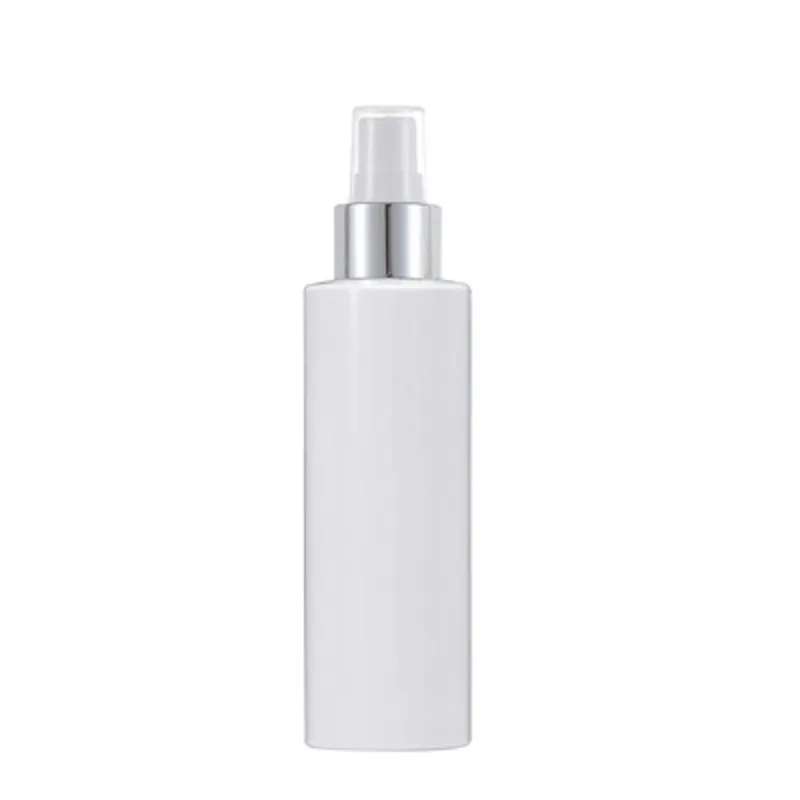 Embalaje vacío Botella blanca de plástico Hombro plano PET 100ML 150ML 200ML Anillo de plata brillante Bomba de prensa Spary con tapa transparente Envase de contenedor recargable portátil