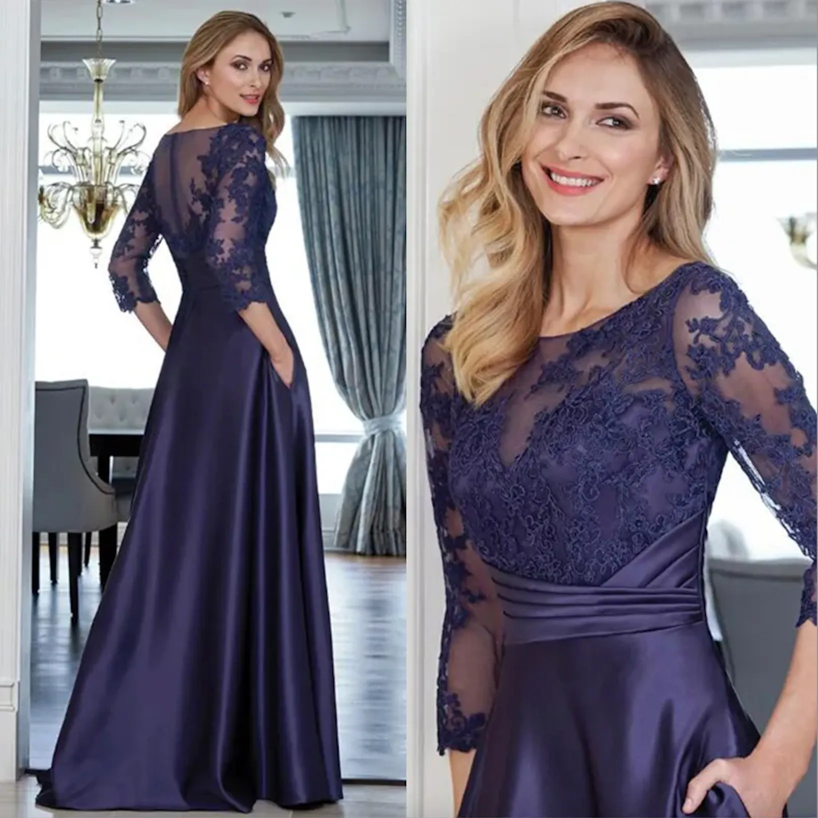 Elegante lange Mutter der Brautkleider mit Taschen dunkle Navy Spitze Applqiue Halbärmel eine Linie bodenlange Frauen Hochzeitsfeier Kleider Plus Size Abend Kear