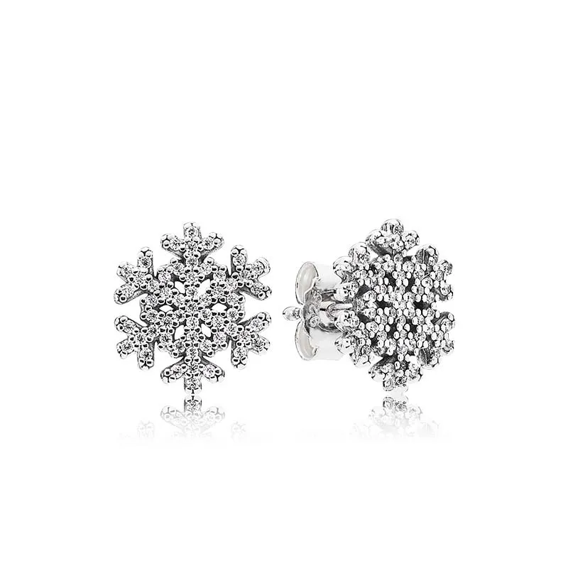 Äkta sterling silver gnistrande snöflinga örhänge för Pandora CZ diamantbröllopssmycken för kvinnor flickvän presentdesignerörhängen med originalkartong