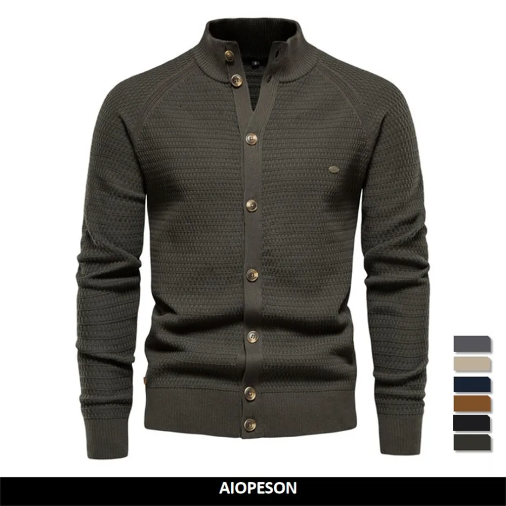 Suéteres masculinos Aiopeson malha mens cardigan algodão de alta qualidade botão mock neck suéter para homens inverno moda designer cardigans homens 230210