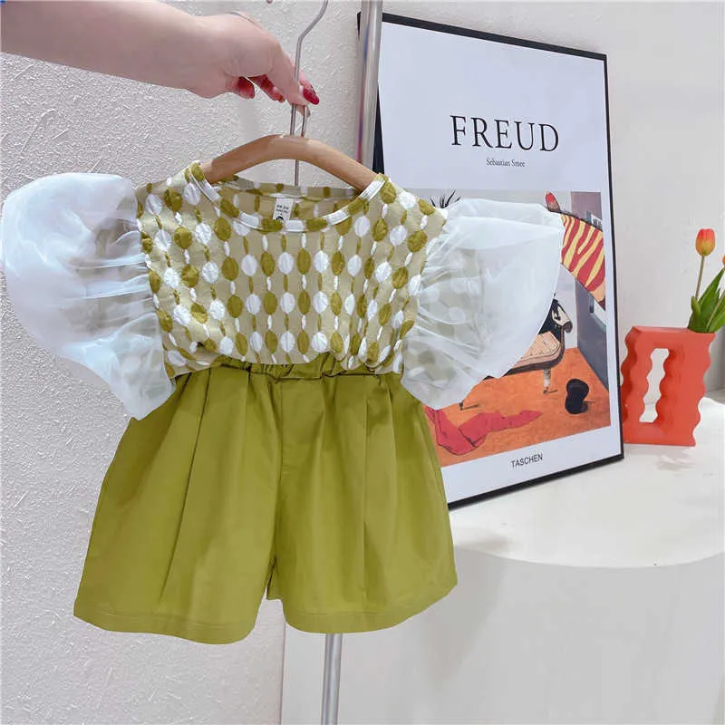 Clothing Sets Girls Clothing Set Korean Style Outfit Kids Puff Sleeve Top Shorts 2pcs Children's Clothing Set Outfits Kids Clothing 27Y W230210