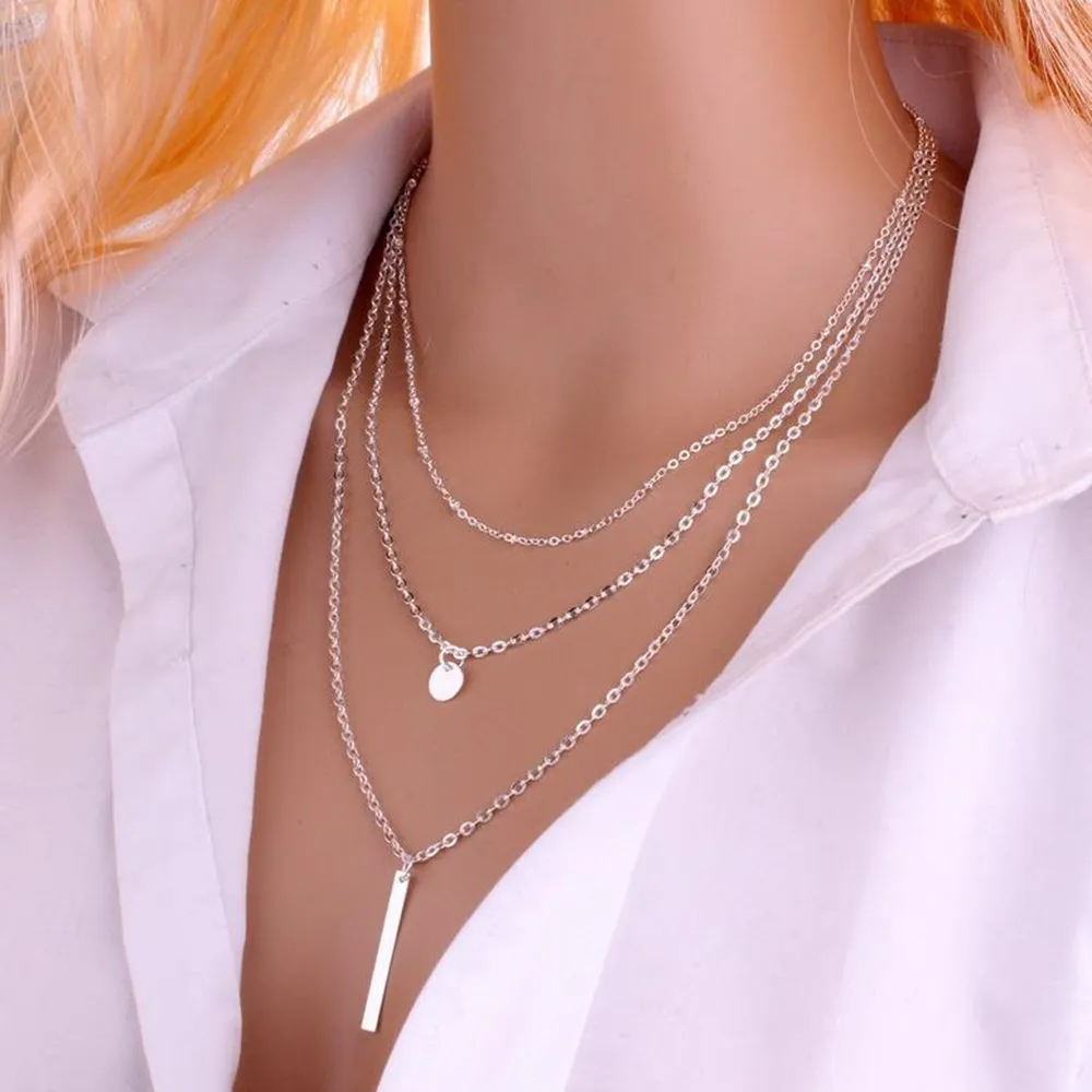 Women Fashion Gold Color 3 Layers Chain Necklace Hollow Out Triangle Long Pendant Necklaces Jewelry Gift
