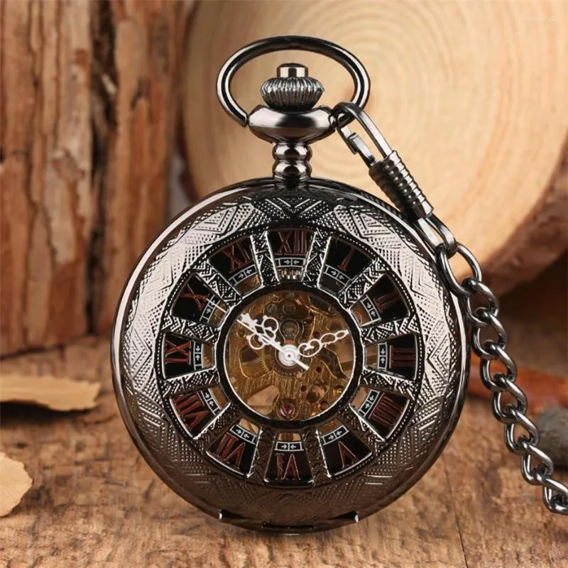 Карманные часы с стимпанк черные римские цифры Механические часы винтажные изысканные подвески для мужчин Hollow Luxury Wind Wind