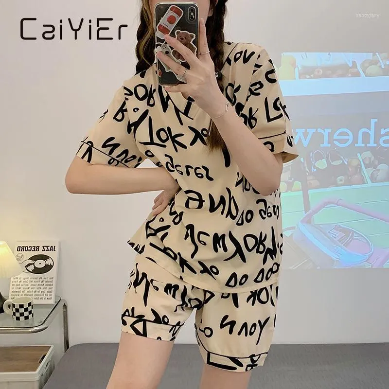 Women's Sleepwear CAIYIER Spring Summer English Girls Nightwear V-Neck Soft Casaul Pajamas Set Short Sleeves Shorts Lingerie Female