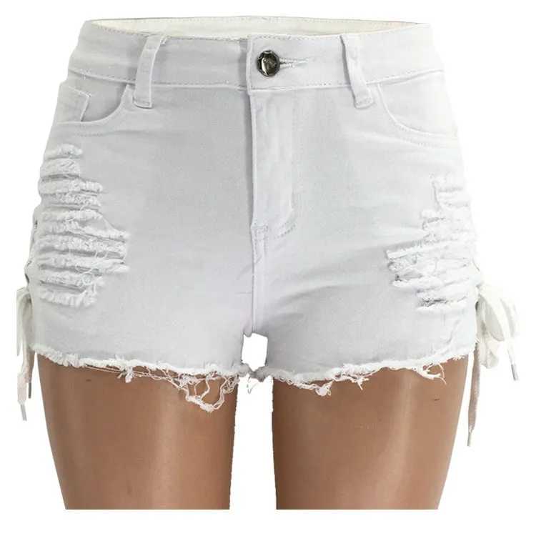 Jeans femininos Surnta de primavera de shorts perfurados shorts com franjas baixa Bandagem dividida Sexy calça quente 6069h7