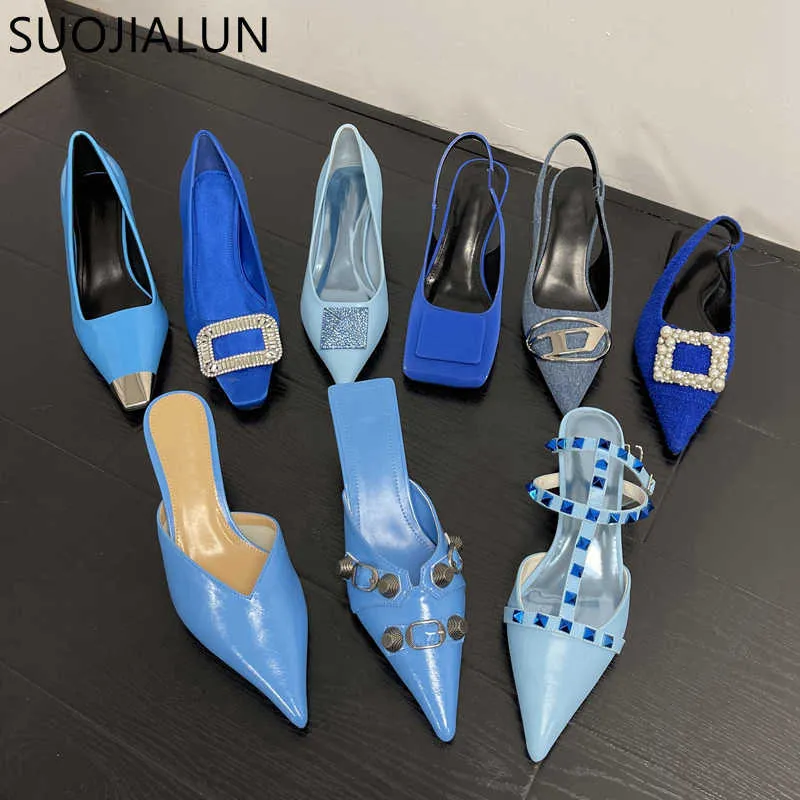 Sandali SUOJIALUN 2023 Primavera nuove donne di marca pompe scarpe moda blu punta a punta superficiale signore eleganti pompe scarpe tacco alto T230208