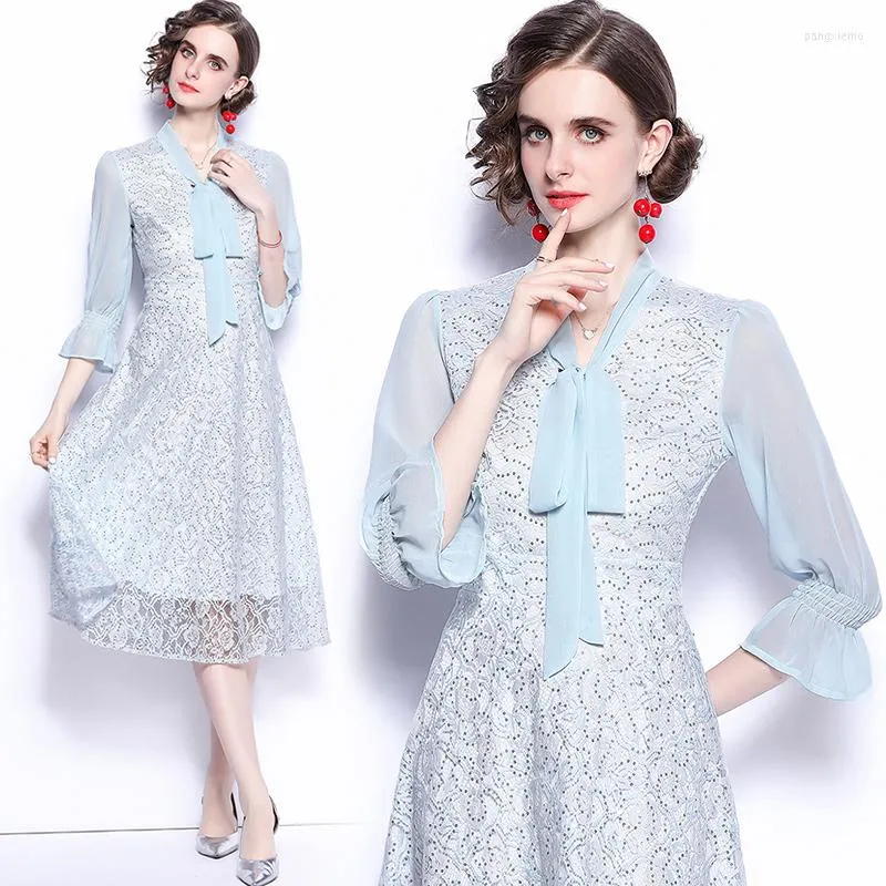 Casual Dresses Summer Fall Lace Spliced Hollow Out Bow V-Neck 3/4 Flare Sleeve Women Sweet Elegant Temperament Tunic Midi Ball Gown Dress