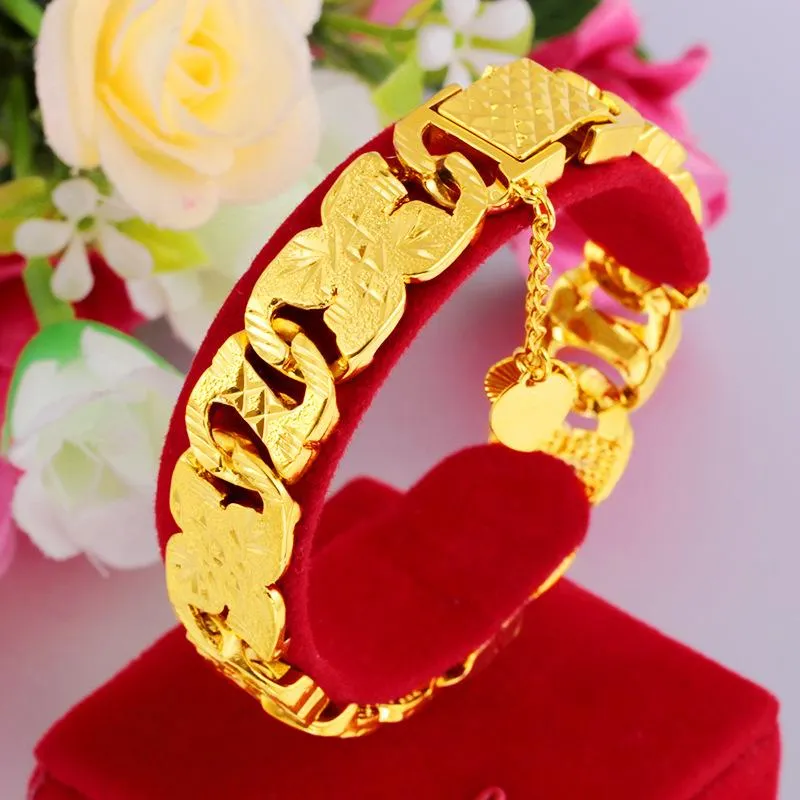 Braccialetti di collegamento Catena 12MM Bracciale placcato oro 24k Imitazione auto fiore Dubai Bangle Bijoux femminile Gioielli regalo di San Valentino