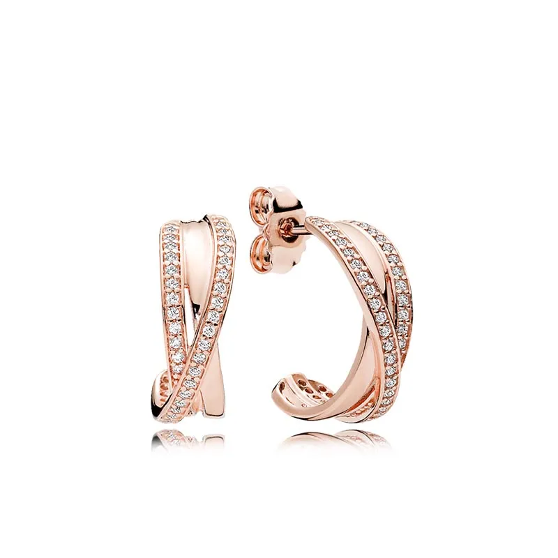 Boucles d'oreilles crochet en or rose 18 carats avec boîte d'origine pour Pandora 925 bijoux de fête de mariage en argent sterling pour femmes petite amie concepteur de boucles d'oreilles ensemble