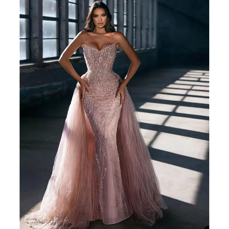 Rose Gold Club Skinny Mermaid Wedding Dresses Bandeau Sequins Beaded Sexy Detachable Trailing Lace Satin Floor Length Custom Made Plus Size Ball Gown Bridal Gowns