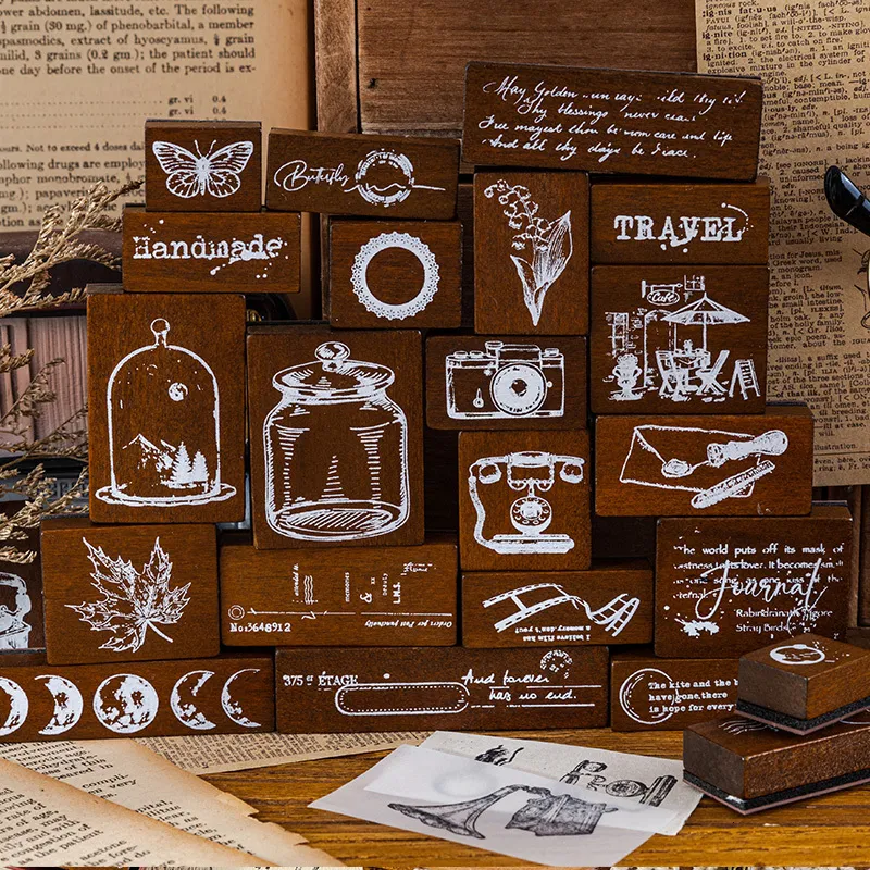 wholesale Other Desk Accessories Vintage Bottle Plant Butterfly Journal Wooden Rubber Stamps Set for Scrapbooking Cards Decoration Embossing Craft standard stamp 230210