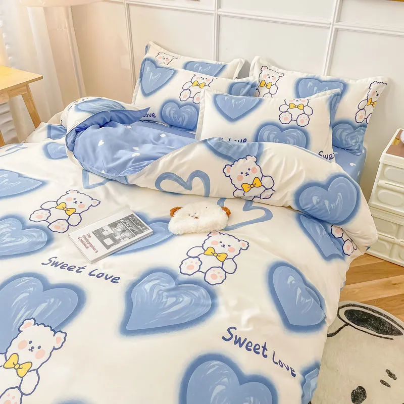 Bedding sets Cute Bear Bedding Set Girls Boys Kids Single Double Size Flat Sheet Duvet Cover Pillowcase Bed Linens White Blue Home Textile 230210