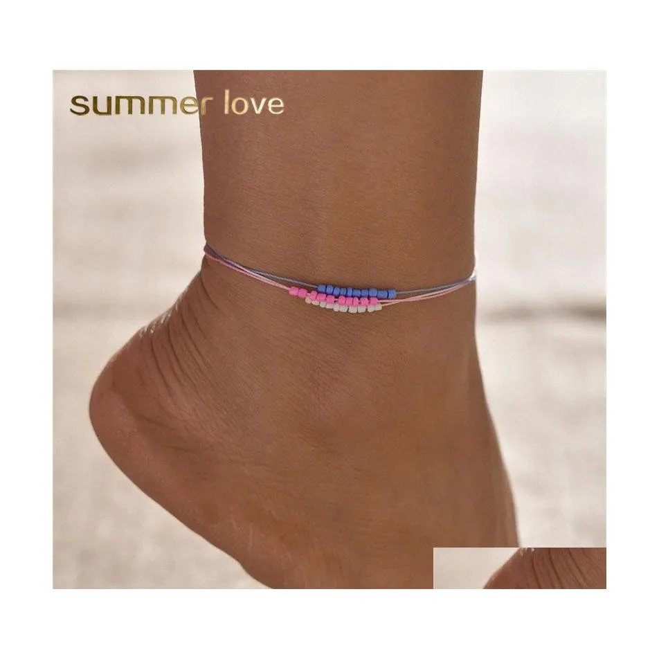 Anklets Est Summer Beach Beaded Braided Rope Anklet Bracelet For Woman Man Waterproof Cord Bohemian Pendant Jewelry Gift Drop Deliver Dhiw1