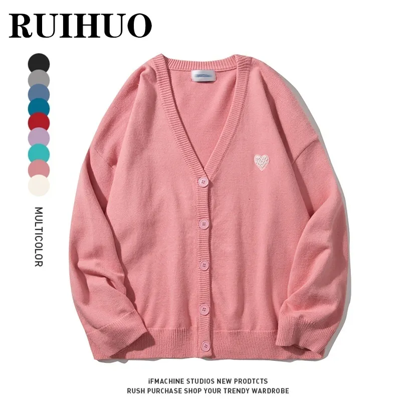 Men's Sweaters RUIHUO Pink Cardigan Clothing V Neck Sweater Cardigen Retro Clothes Hip Hop Knitwear 2XL Arrivals 230209