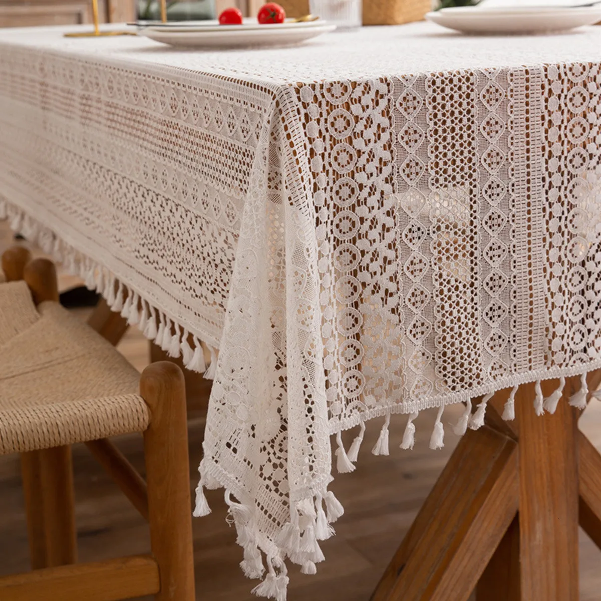 Nappe de Table creuse en dentelle française Beige, rectangulaire, pour mariage, fête d'anniversaire, couverture de Table décorative, manteau Mesa Nappe avec pompon 230210