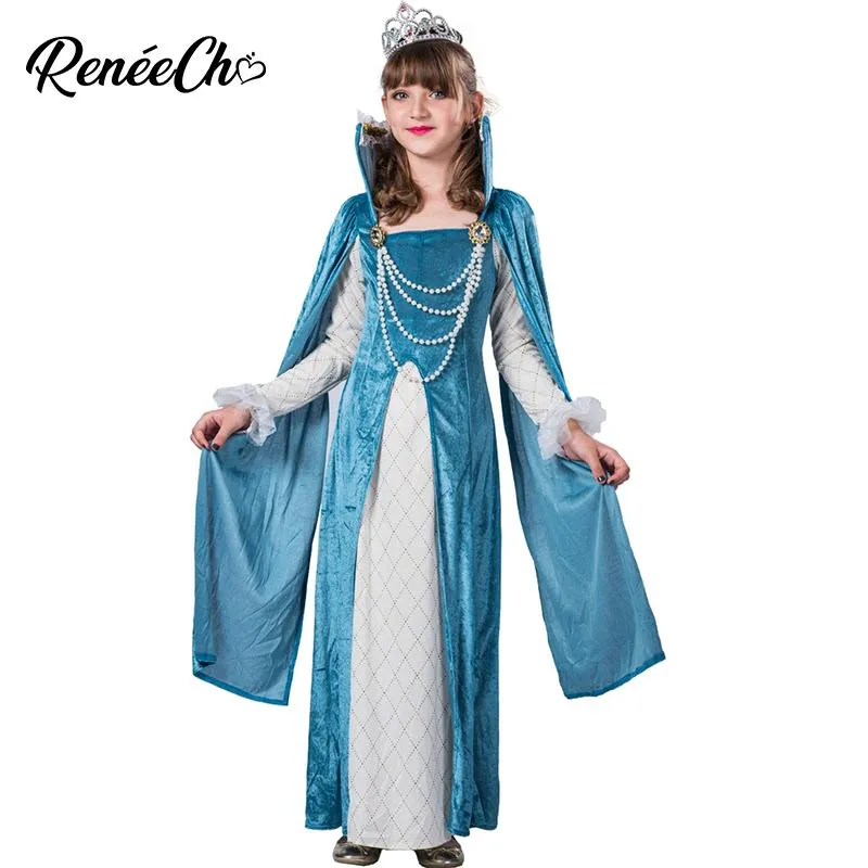 Temadräkt barn pärla prinsess cosplay teal medeltida för flickor halloween barn lång blå klänning födelsedag