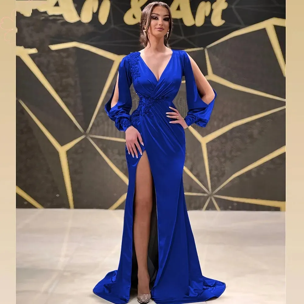 Royal Blue Mermaid Women Evening Dress 2023 Long Sleeves V Neck Side Slit Satin Lace Applique Formal Prom Party Gowns Robe De Soir245w