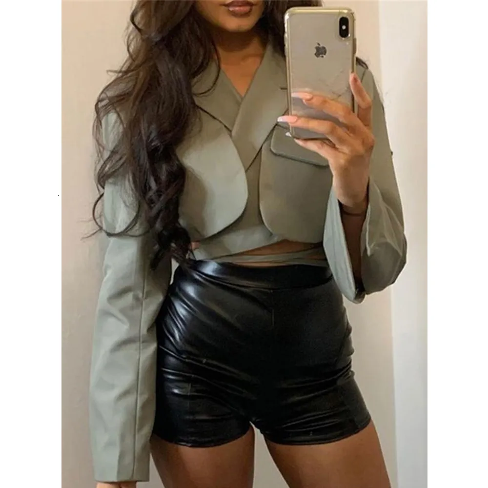 Womens Suits Blazers Gtpdpllt Gray Double Layer Bandage Slim Blazer Women Long Sleeve Pocket Short Jacket Female Outwear Crop Tops 230209