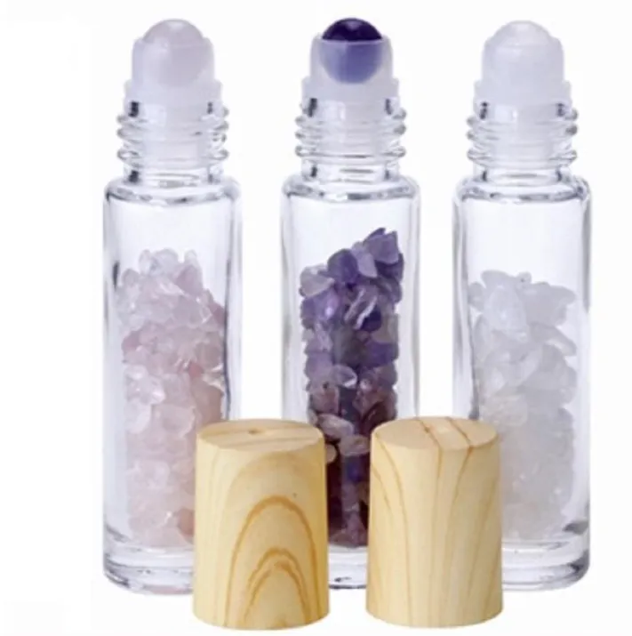 Essential Oil Diffuser 10ml Clear Glass Roll on Perfume Bottles with Crushed Natural Crystal Quartz Stone Crystal Roller Ball Wood Grain Cap Wholesale