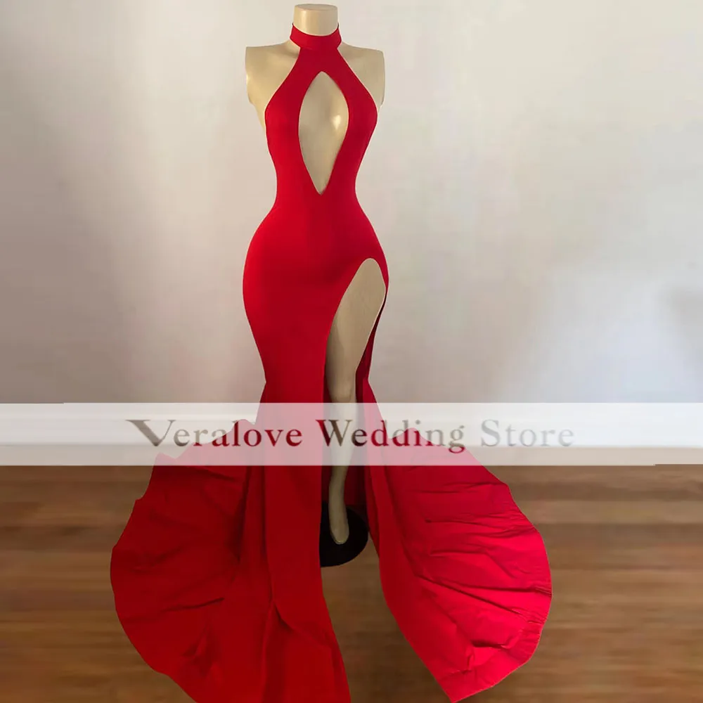 Fiery Red Satin Halter Prom Dress with High Slit main image 0