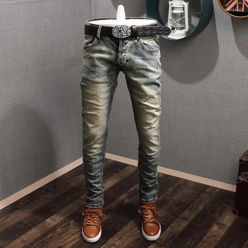 Men's Jeans Italian Style Fashion Men Retro Yellow Blue Distressed Wash Elastic Slim Fit Designer Vintage Cotton Denim Pants