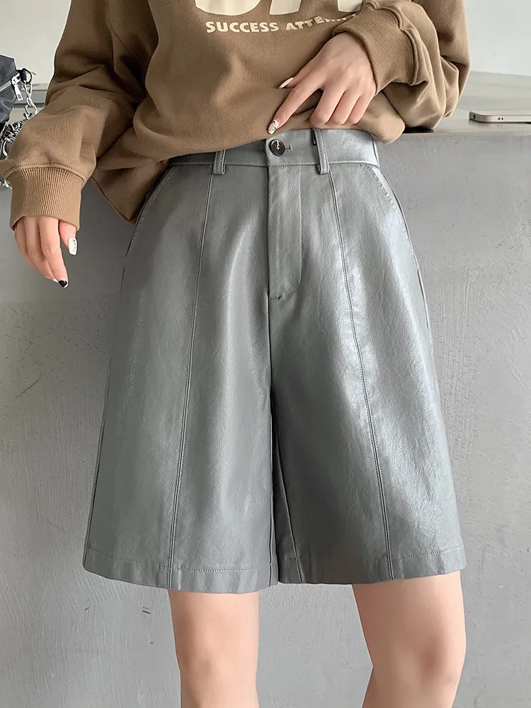 Women's Shorts QOERLIN Elastic Waist Bermuda Casual High Waist PU Leather Shorts Women Spring Autumn Loose Pockets Wide Leg Half Shorts QN5135 230209