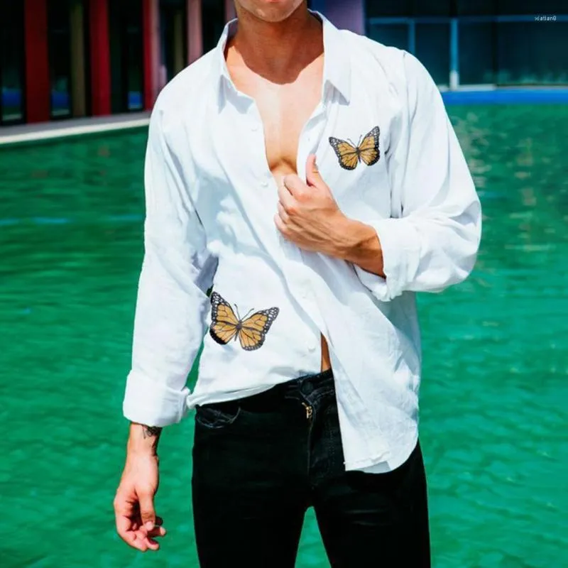 Men's Casual Shirts Men Shirt Butterfly Print Turn-down Collar Leisure Spring Top For Daily Wear