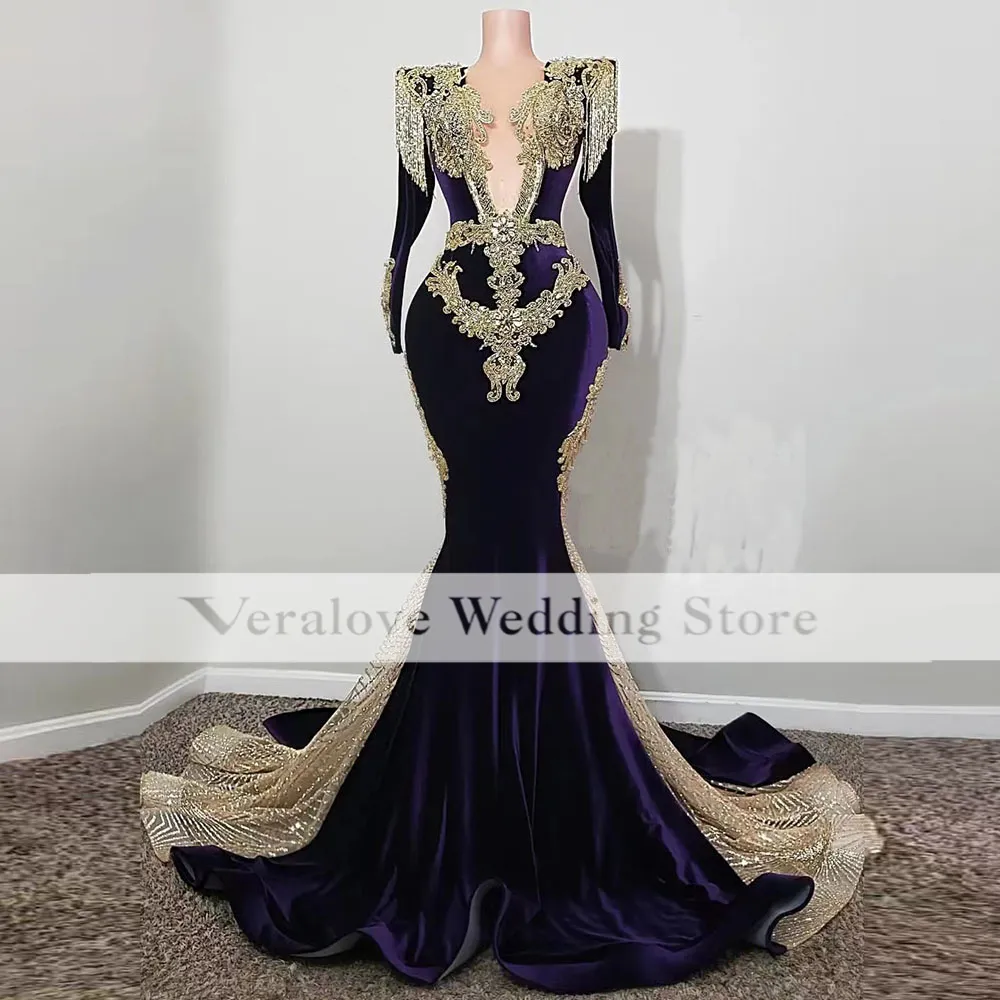African Purple Velvet Mermaid Prom jurk lange mouwen 2023 Gold Sparkly Gala Verjaardagsfeestjes Jurken Robes de Soiree