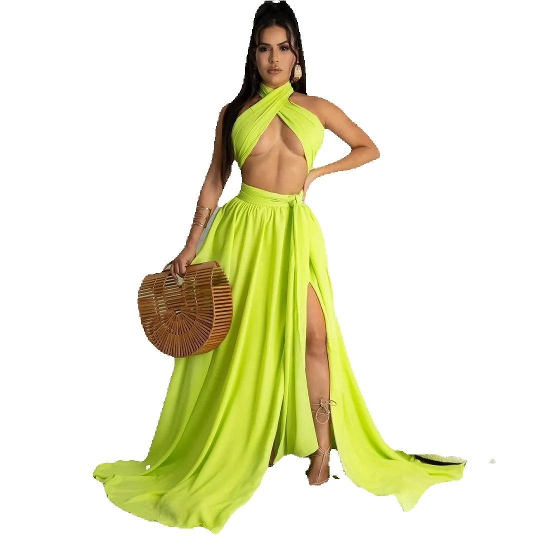 Long Two Pieces Chiffon Evening Dresses Halter Lime Prom Gowns Robes de soiree Sweep Train Party