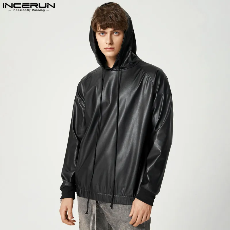 Men's Hoodies Sweatshirts INCERUN Fashion Men Sweatshirts PU Leather Hooded Long Sleeve Hoodies Streetwear Solid Color Punk Casual Men Pullover 5XL 7 230209