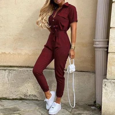 Women's Jumpsuits Rompers Fashion Women Jumpsuit Solid Color Summer Casual Lapel Printed Belt Work Overalls Ladies Selling Button Long Jumpsuit 230210