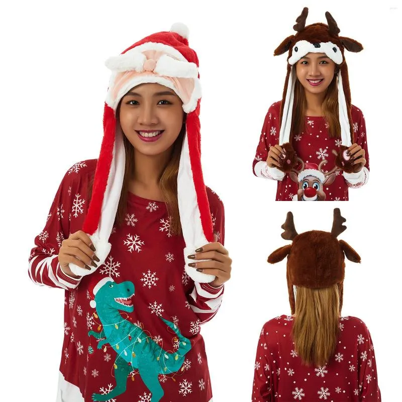 Berets Cute Christmas Hat Santa Claus Beard/Elk Ear Moving Jumping Hats Caps For Cosplay Party