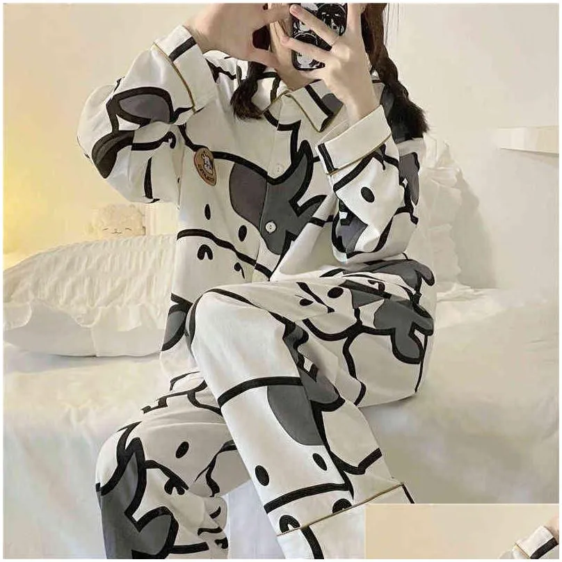 qweek cow print pajamas two piece set autumn pijamas women cotton cute home clothes pyjamas sleepwear japanese style kawaii 211211