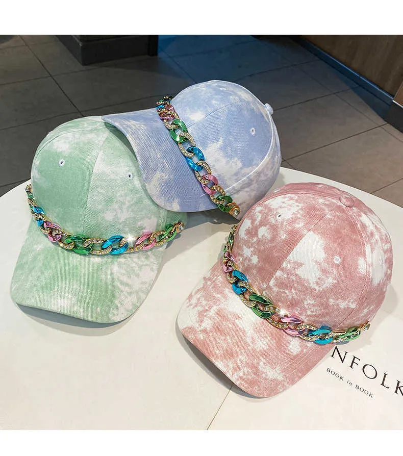 Ball Caps 202207-2509093 dropshipping Personalized Color Rhinestone Chain tie-dye cloth lady baseball cap women leisure visors hat G230209
