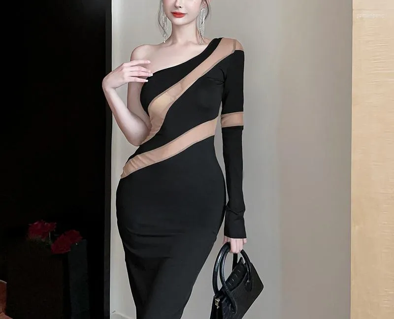 Casual Dresses Autumn Fashion Sexy Mesh Splicing Perspective Off Shoulder Black Slim Dress Women Clothing Party Club Long Long