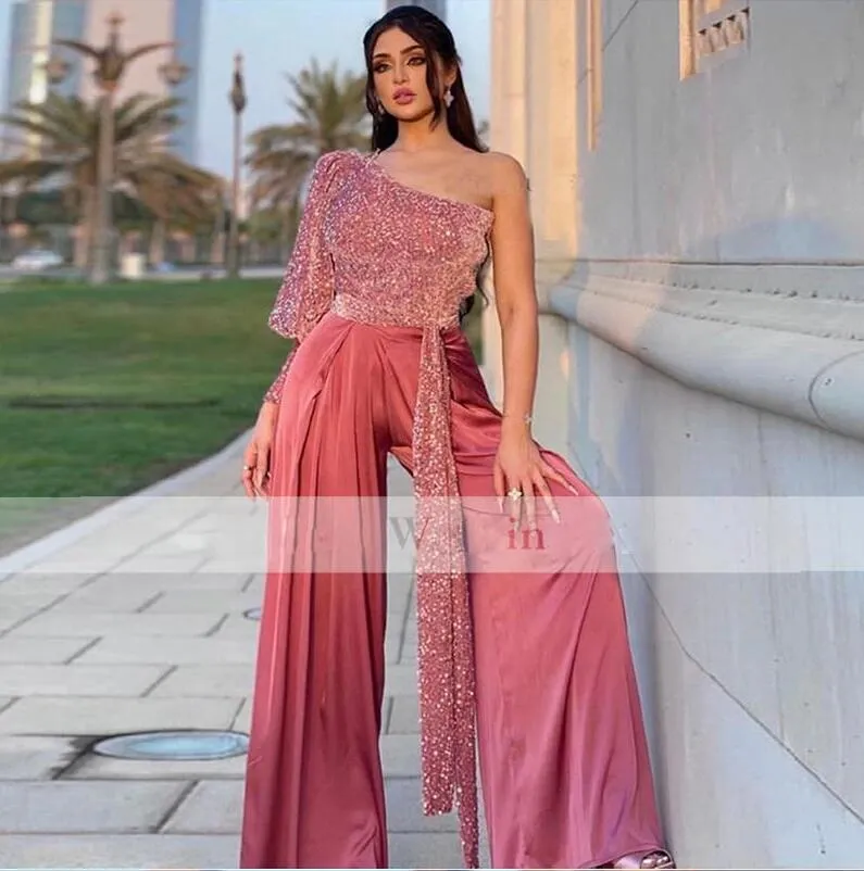 2023 Arabic Dubai Vestido De Novia One Long Sleeve Jumpsuit Prom Dresses Sequins Top Outfit Special Occasion Gowns BC15166 GW0210