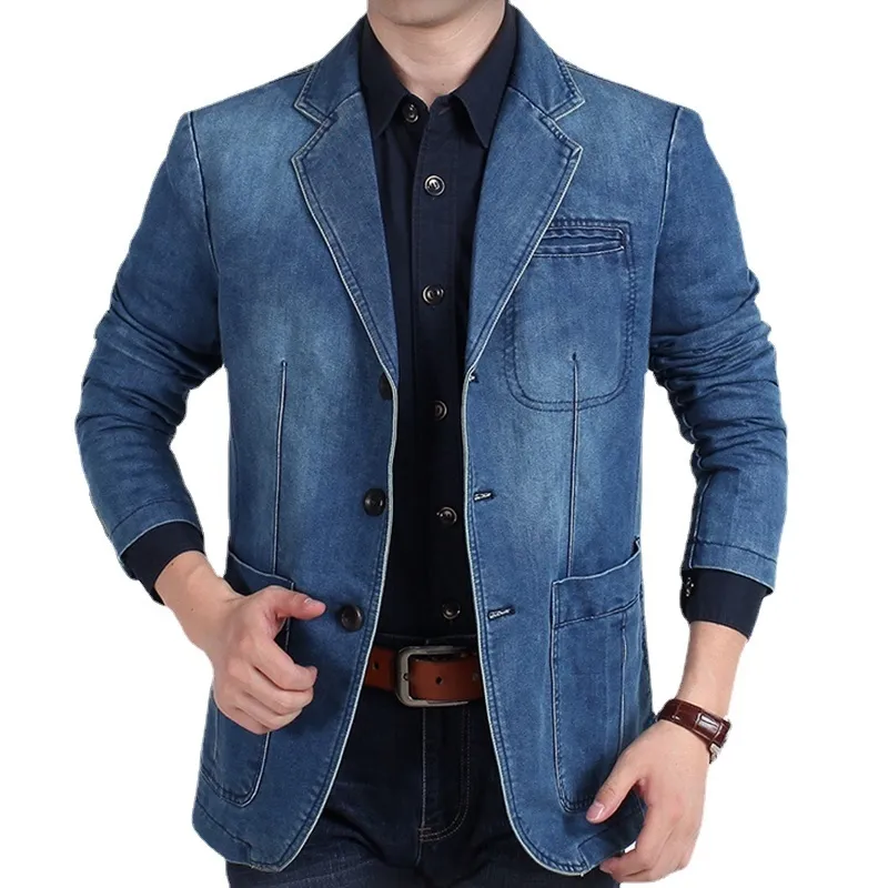 Ternos masculinos Blazers Blazers Jaqueta Homem Men Denim Casual Slim Pocket Splicing Casat Men Manga Longa Manga Longa Casa Blazers Turnited Collar Blazers 230210