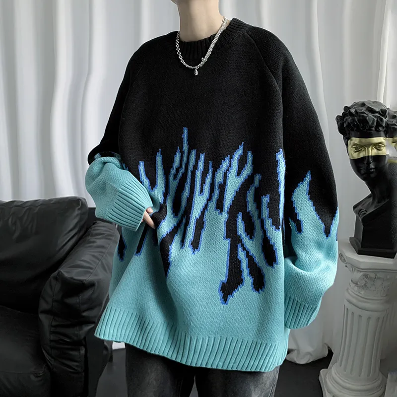 Harajuku Style Mens Blue Flame Hip Hop Flame Sweater Oversized