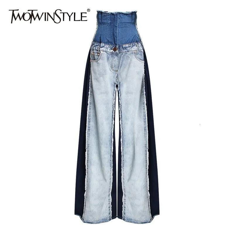 Kvinnors byxor capris twotwinstyle casual denim patchwork kvinnor byxor hög midja träffar färg stor storlek bred ben byxor kvinnlig mode vår 230209