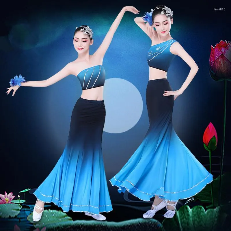 Scene Wear Blue Peacock Dancer Costume For Women Children Dai Dance Chinese Folk Clothes Festival Performance