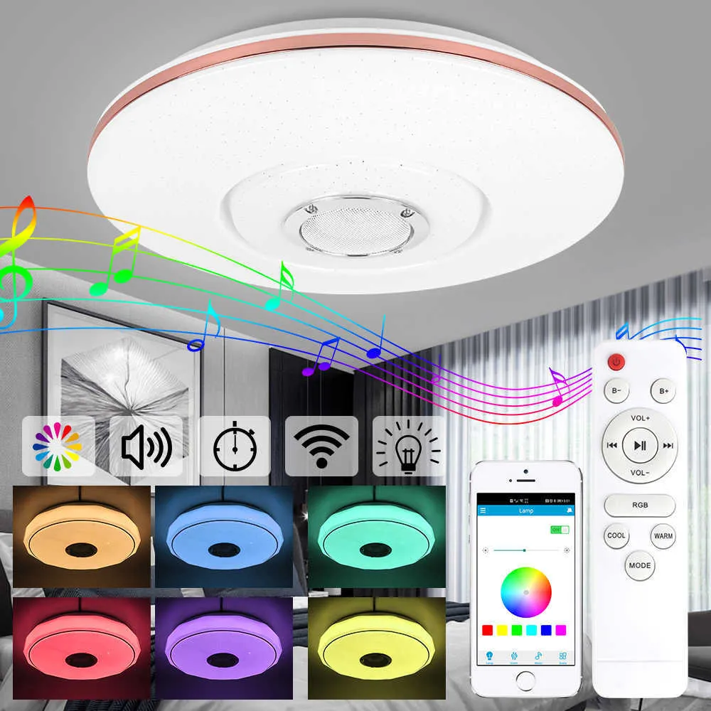 Nowoczesne światła sufitowe RGB LED Lights Home Lighting 48W Aplikacja Bluetooth Muzyka Light Sygnal Smart Lampy z zdalnym sterowaniem AC180-264V 0209