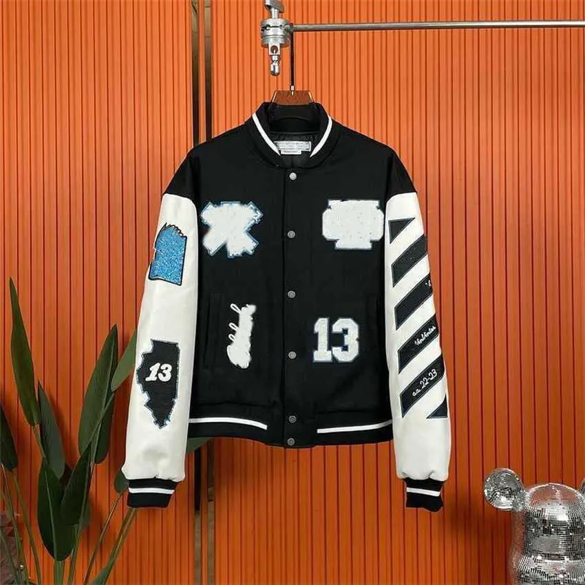 Offs veste de créateur blanche marque Loose Varsity amantes féminines OW Veste offswhite de l'industrie lourde bombardier à manches en cuir épissé offs veste de baseball blanche 9BTD