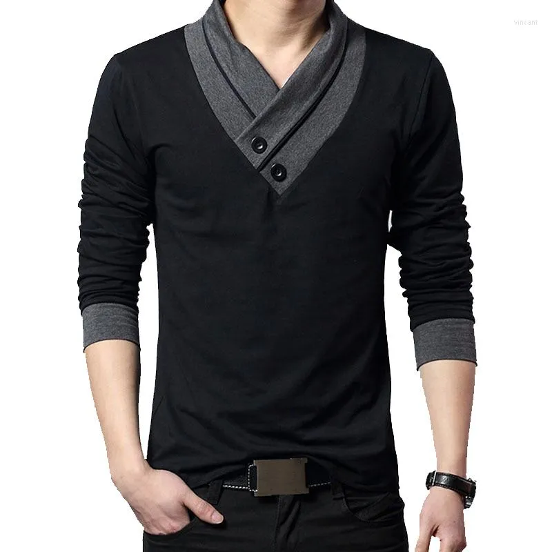 Herrdräkter x176-2023 modemärke trend smal passande långärmad t-skjorta män lapptäcke krage tee v-hal t-shirt bomullsskjortor