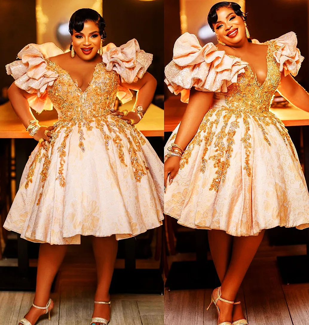 Arabic Lace Beaded Ball Gown Gold Sequin Prom Dress Knee Length