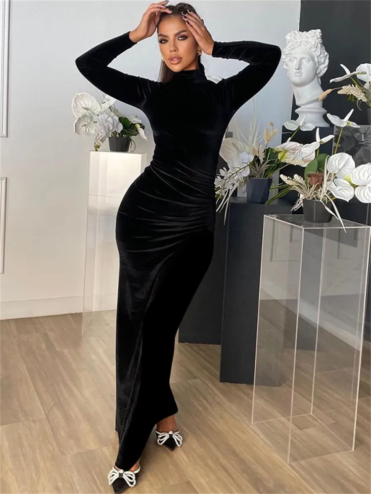 Casual Dresses WJFZQM Elegant Sexy Bodycon Maxi Velvet Dress Women Birthday Party Dress Turtleneck Zip Up Long Sleeves Black Dress Winter 230210