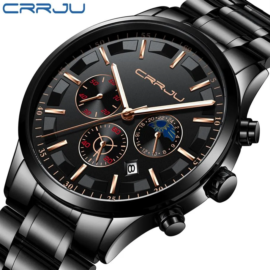 Crrju Mens horloges topmerk luxe sportkwarts alle staal mannelijke klok militaire camping waterdichte chronograaf relogio masculino302p