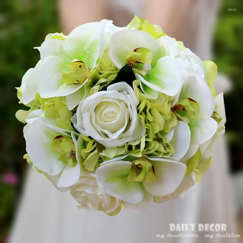 Decorative Flowers Hi-Q Artificial Phalaenopsis Bridal Bouquet Wedding Brides Hand Bouquets Flower White Green Color