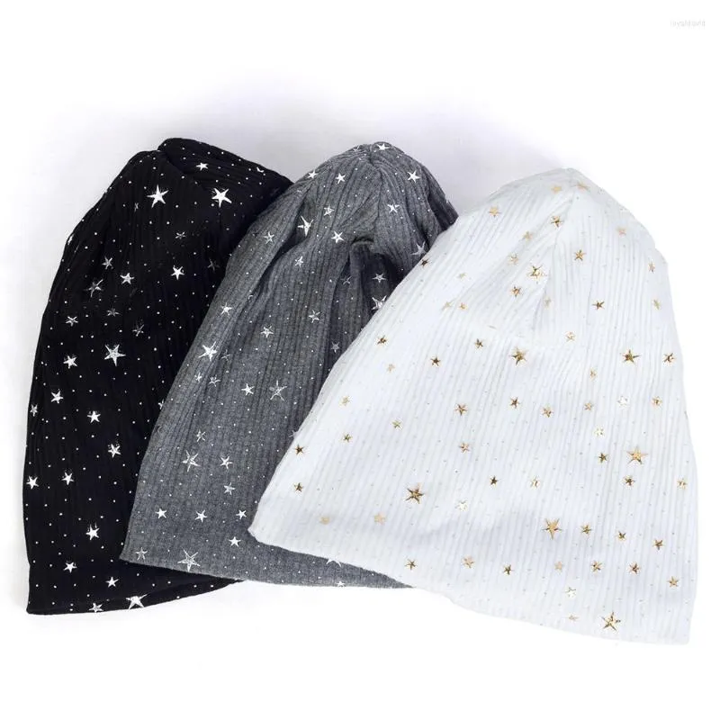 Berets Casual Fashion Ribbed Star Beanies For Women Man Caps Female Cotton Slouchy Beanie Turban Wraps Striped Hats Bonnet